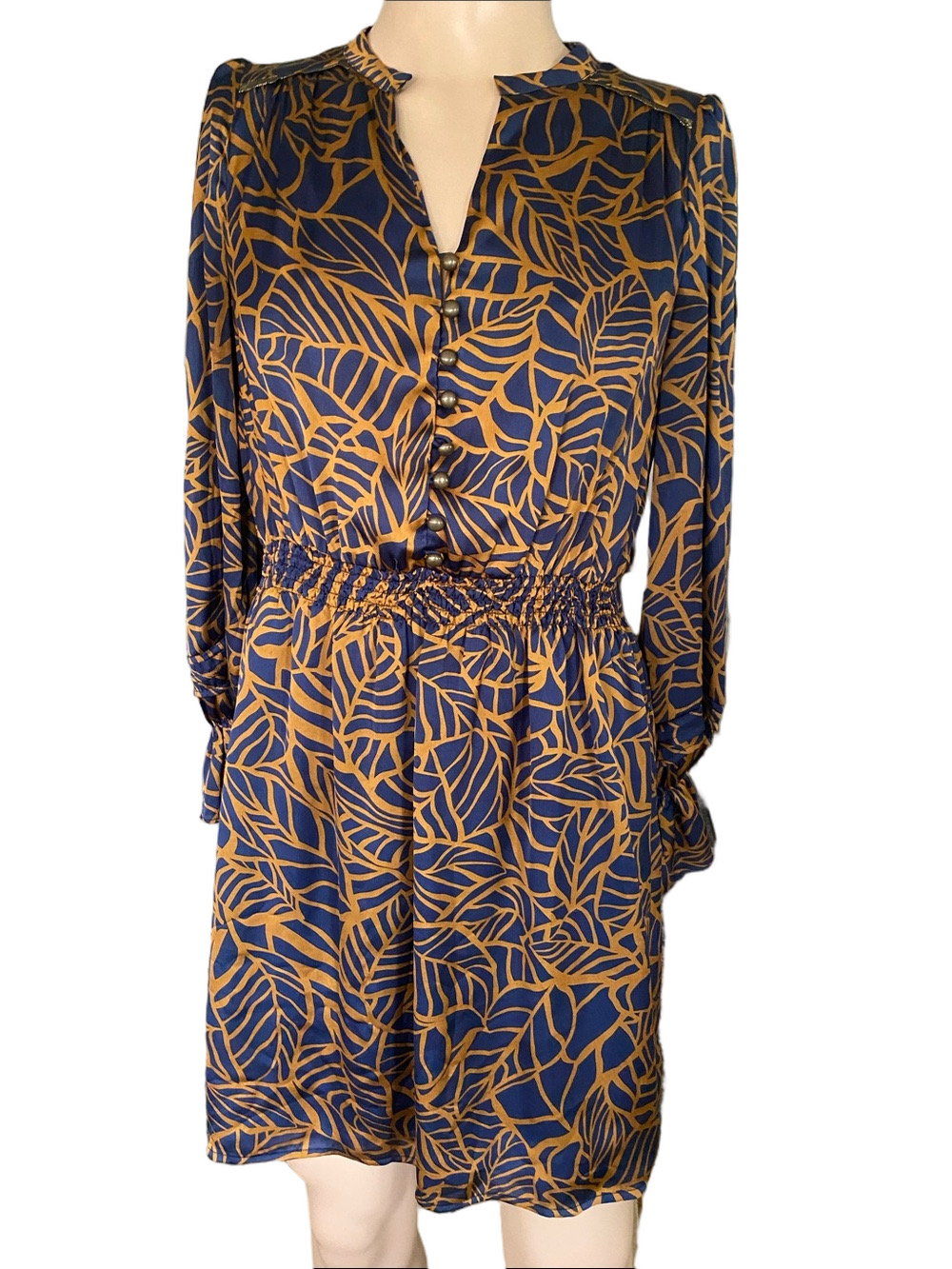 Women’s Navy and bronze Leaf-Print Shirred Waist Dress